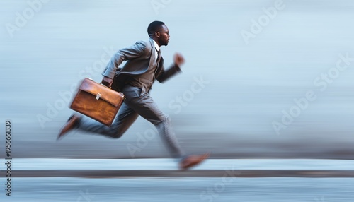 African American Businessman In A Rush With Briefcase, Running Through City Streets, Running Late For Work - Young Professional.