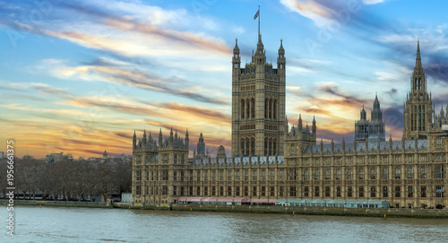 The Palace of Westminster and Victoria Tower at sunset, London