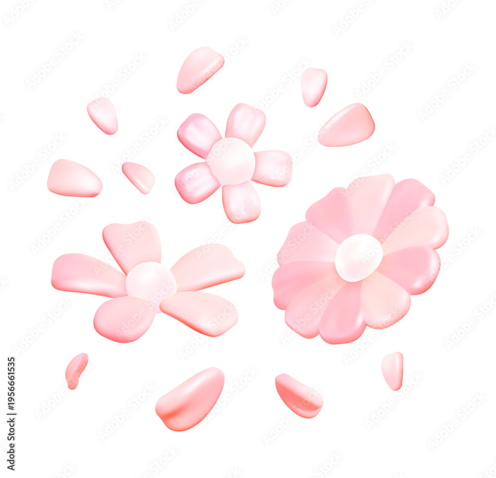 Obraz premium Vector 3D pink floral composition with flowers and scattered petals for beauty branding packaging invitation design and spring stationery in glossy pastel illustration style