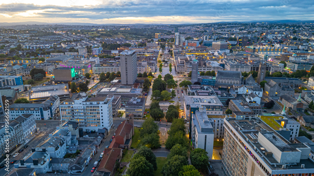 Fototapeta premium Sunset aerial view of downtown Plymouth, England