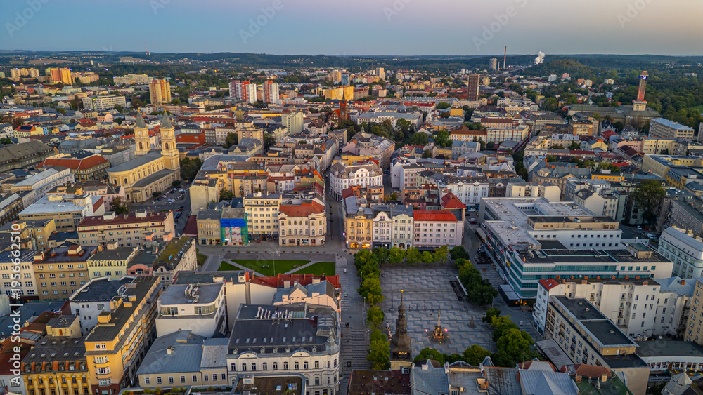 Obraz premium Panorama view of city center of Ostrava during sunrise, Czech re