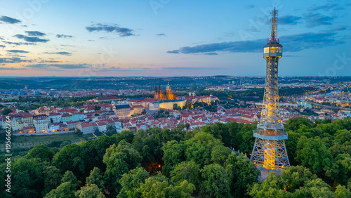 Sunset panorama view of Hradcany from Petrin hill in Prague, Cze