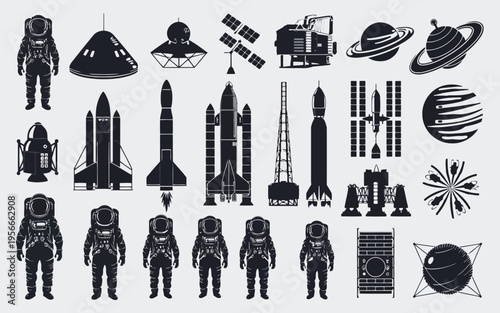 Collection of stylized icons depicting space exploration and futuristic technology