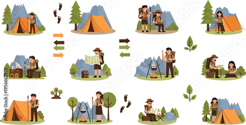 Camping Adventure Scenes Set with Couple Hiking Tent Setup Map Navigation and Outdoor Exploration Flat Vector Illustration Collection