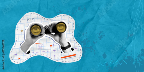 A creative halftone collage in pop art style. Male hands hold binoculars, eyes peering through the lenses. Illustration on a blue background with space for text. Concept of surveillance and espionage.