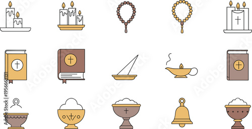 Christian Religious Icon Set with Bible, Cross, Candles, Rosary, Chalice, Incense and Worship Elements Flat Vector Illustration Collection