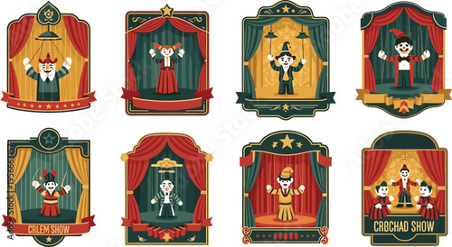Circus Show Characters on Stage Set with Clown Magician Acrobat Performers Vintage Theater Frames Flat Vector Illustration Collection