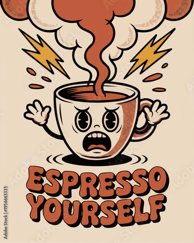 Funny espresso yourself cartoon coffee cup character with expressive face steam lightning and playful typography for cafe poster barista shirt sticker menu and beverage branding design