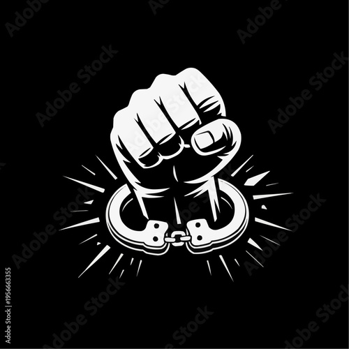 Powerful freedom symbol featuring a clenched fist breaking from handcuffs in bold monochrome style for protest justice resistance liberation activism poster print and streetwear design
