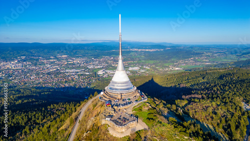 Fotografie Aerial view of Jested tower during a sunny day near Liberec, Cze