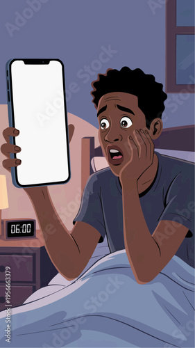 Shocked young man sitting in bed and staring at a smartphone before dawn with fear and anxiety capturing insomnia bad news online threats social media stress and late night screen addiction
