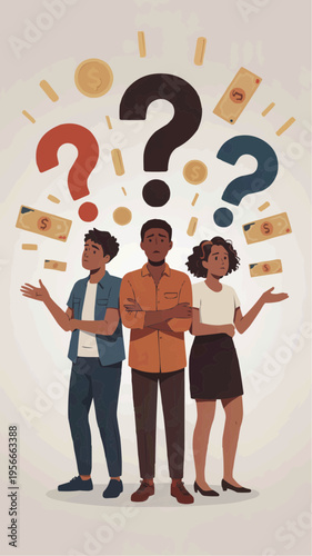 Diverse group of young adults surrounded by question marks and floating notes illustrating confusion curiosity teamwork and decision making for faq problem solving support and business concepts
