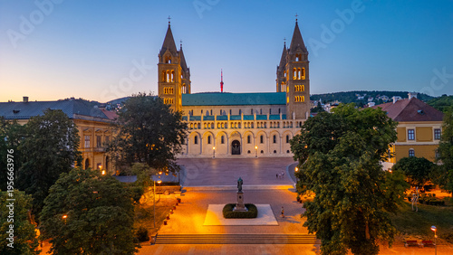 Sunset view of the basilica of Pecs in Hungary
