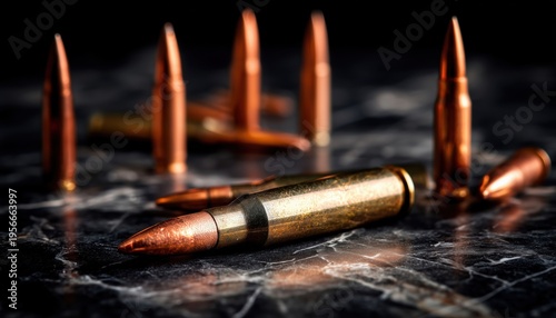 Close-Up Of Kolashnikov Assault Rifle Bullets And Ammo Magazine On Black Ured Marble. Display Of Cartridges For Rifle And Carbine On Wooden Background. Military Aesthetic.