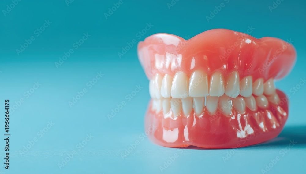 Obraz premium Dentures And Tooth Model On A Blue Background: Upper And Lower Jaws With False Teeth. Close-Up Image With Copy Space For Mockup Design