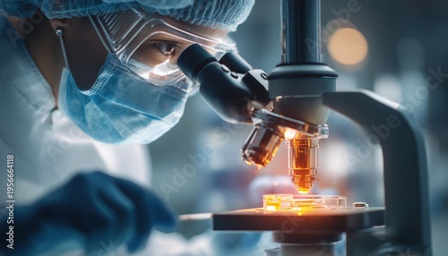 Asian Doctor Or Scientist Examining Chemical Sample With Microscope In Hospital'S Laboratory For Investigative Purposes. Close-Up Of Lab Research.