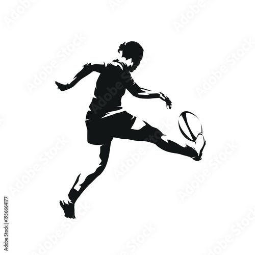 Rugby player kicking the ball. Woman playing rugby. Isolated high contrast vector silhouette. Rear side view of female athlete in action during a rugby match. Dynamic sports illustration