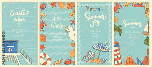 Summer social media templates, invitations, banners, cards, posters decorated with lettering quotes, text and doodles. EPS 10