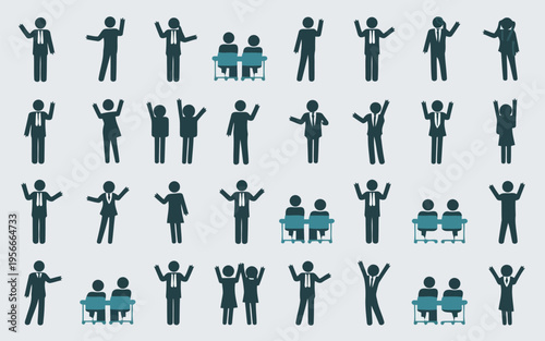 Diverse group of stylized stick figure characters in various poses and attire