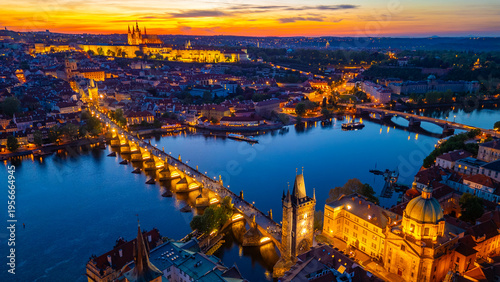 Konstfotografi Sunset aerial view of Hradcany district in Prague, Czech republi