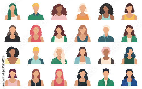 Diverse group of sixteen stylized human faces with varied expressions and hairstyles