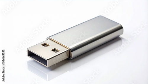 Sleek metallic USB flash drive on white background, symbolizing portable data storage, transfer, and modern digital convenience.