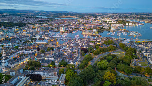 Принти на полотні Sunset aerial view of downtown Plymouth, England