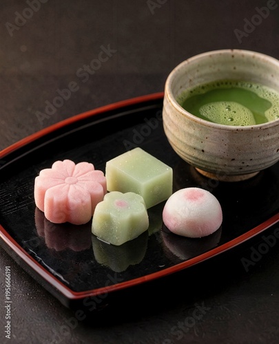 Japanese Wagashi Traditional Sweets Cherry Blossom Nerikiri Mochi with Matcha Tea Portrait