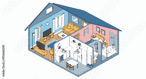 Isometric cross-section illustration of a modern house interior showing living room, kitchen, bedroom, and bathroom cutaway design
