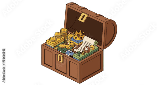 Isometric cartoon treasure chest overflowing with gold coins, stacks of money, a crown, and valuable riches