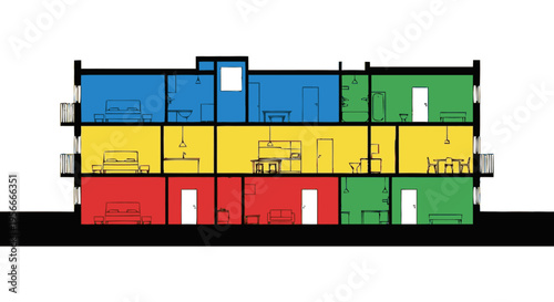 Detailed architectural cross-section of a multi-story building with colorful floor plans, residential units, and interior layouts.