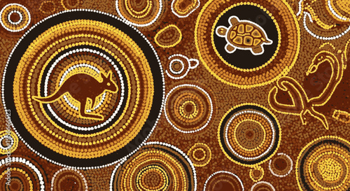 Vibrant Aboriginal style dot painting featuring Australian kangaroo, turtle, and traditional Indigenous cultural patterns on an earthy background