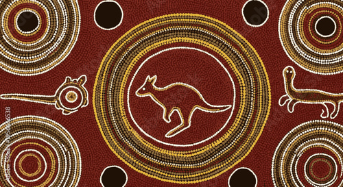Vibrant Indigenous Australian dot painting featuring a kangaroo silhouette, intricate concentric circles, and traditional Aboriginal patterns in earthy tones.