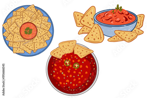 Nachos snack set with tortilla chips and dips in hand drawn style
