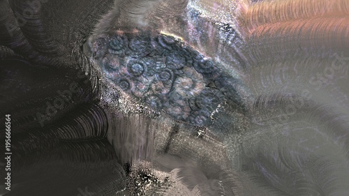 Abstract organic pattern with spiral shell structures and grainy textures. Artistic cosmic landscape or fossilized remains.