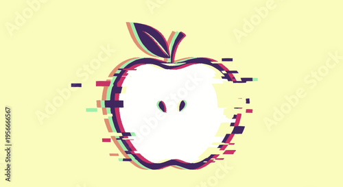 Abstract Glitch Art Apple Icon with Digital Distortion Effect on a Solid Yellow Background