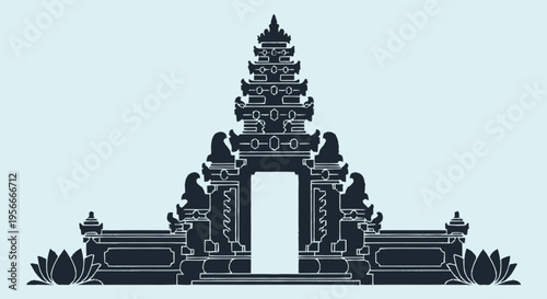 Traditional Ornate Southeast Asian Temple Gateway Vector Illustration, Cultural Heritage Architecture Design