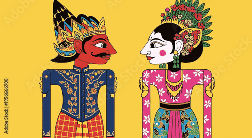 Vibrant traditional Indonesian Javanese Wayang Kulit shadow puppets illustration featuring ornate male and female characters, cultural art.