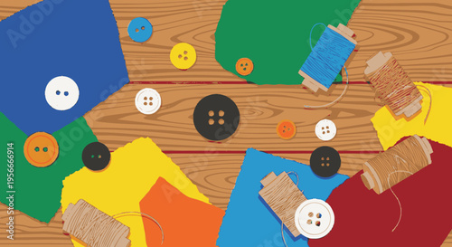 Colorful sewing and craft supplies on a wooden table, featuring fabric scraps, buttons, and thread spools for DIY projects and hobbies