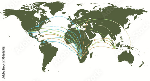 Global network connections on a world map illustrating worldwide communication, travel, data exchange, and international business logistics.