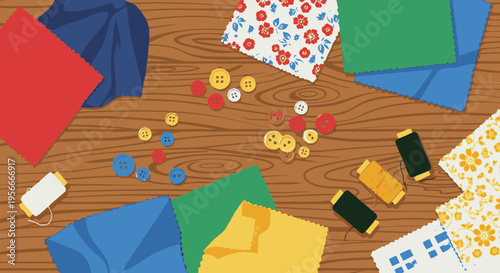 Vibrant flat lay of sewing and crafting materials: colorful fabric swatches, assorted buttons, and thread spools on a wooden table.