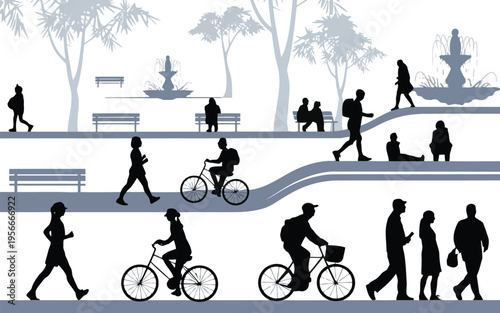 Diverse group of people engaging in outdoor activities on a city bridge