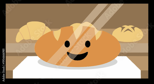 Happy Cartoon Bread Loaf with Smiling Face in Bakery Display Case, Cute Animated Baked Goods Illustration for Food Concepts
