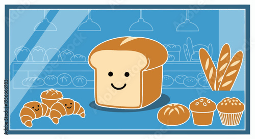 Happy cartoon bread loaf illustration in a bakery shop window with various fresh baked goods like croissants and muffins.