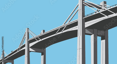 Modern concrete bridge structure from below, showcasing strong engineering, architecture, and infrastructure design against a clear blue sky.