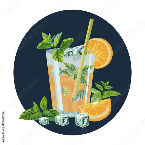 Свежий цитрусовый коктейль с мятой и кубиками льда, летний напиток (векторная иллюстрация).