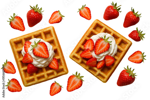 Two square waffles with strawberries and whipped cream on white isolated on a transparent background