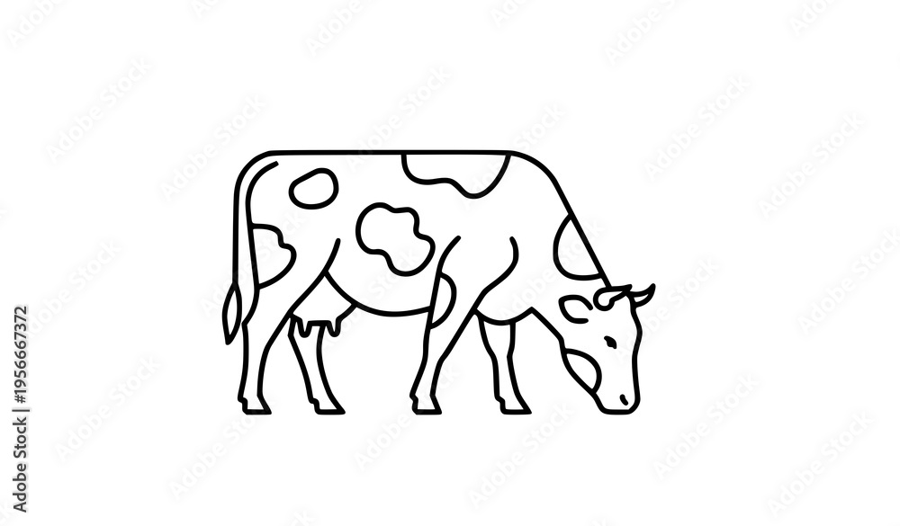 Fototapeta premium Stylized black and white cow with bold spots grazing flat vector illustration