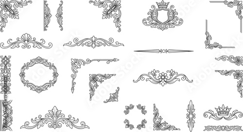 Vintage Baroque 23 Piece Ornament Set with Frames Dividers Corner Elements and Heraldic Crest