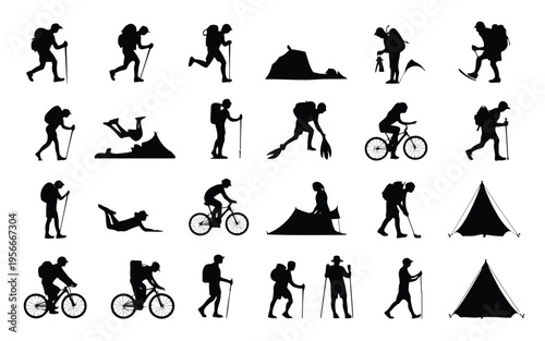 Diverse silhouettes of people engaging in various physical activities and poses